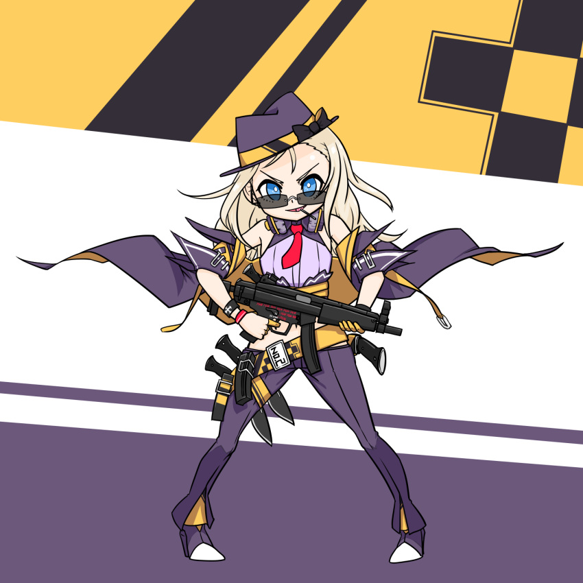 1girl, blonde_hair, blue_eyes, cosplay, costume_switch, fedora, food, food_in_mouth
