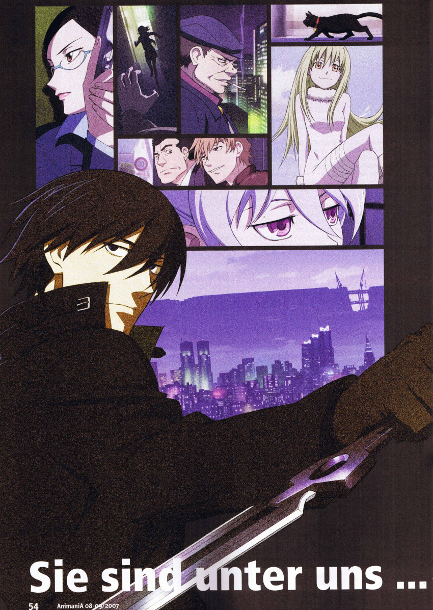 absurdres, amber, black_cat, cat, darker_than_black, german, glasses, hei