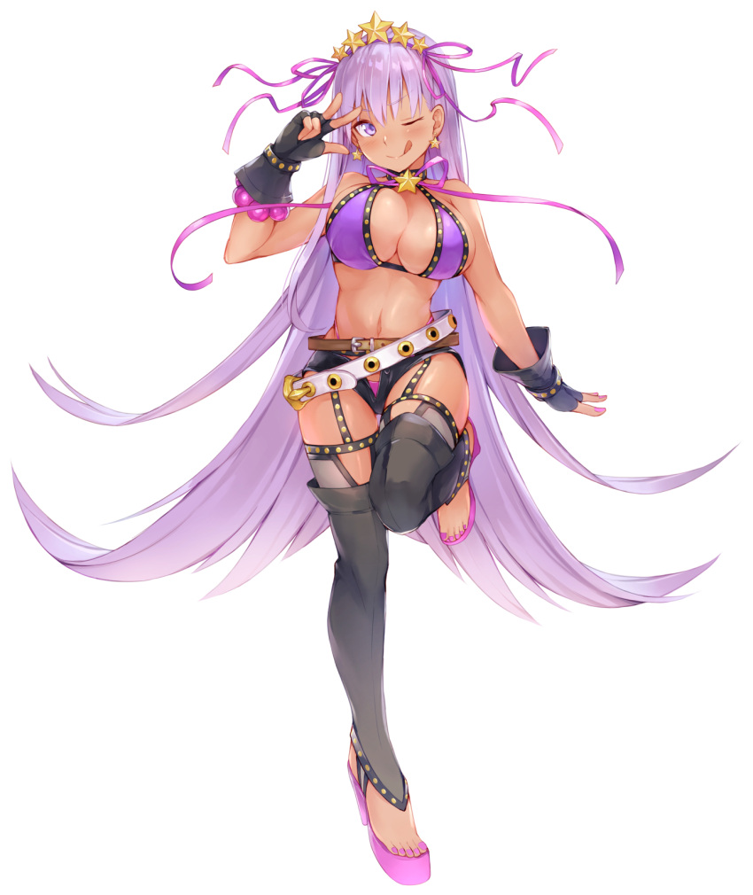 1girl, :q, bb_(fate)_(all), bb_(fate/extra_ccc), bb_(swimsuit_mooncancer)_(fate), bikini, black_gloves, black_legwear, black_shorts, bracelet, breasts, earrings, eyebrows_visible_through_hair, fate/grand_order, fate_(series), fingerless_gloves, full_body, fumikiri, gloves, hair_ribbon, hairband, hand_up, high_heels, highres, jewelry, large_breasts, long_hair, looking_at_viewer, micro_shorts, nail_polish, one_eye_closed, pink_footwear, platform_footwear, purple_bikini, purple_hair, purple_ribbon, ribbon, shorts, simple_background, solo, standing, standing_on_one_leg, star, star_earrings, stirrup_legwear, swimsuit, thigh-highs, toeless_legwear, toenail_polish, toenails, tongue, tongue_out, very_long_hair, violet_eyes, w, white_background