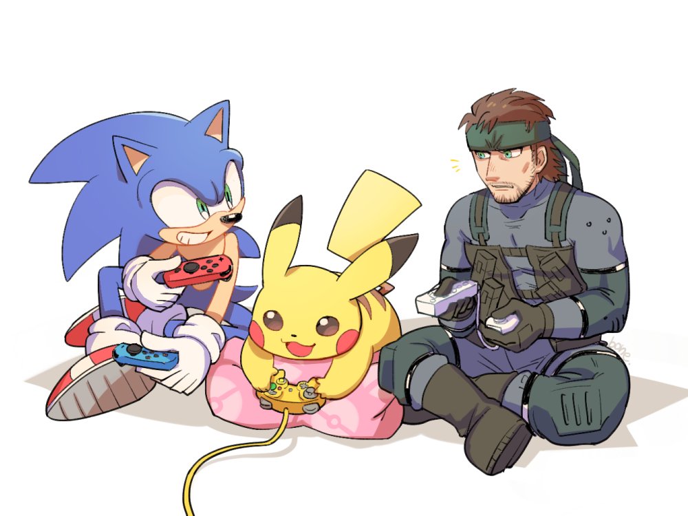1boy, 2others, animal, bandanna, blue_eyes, bone_(stare), brown_hair, creatures_(company), facial_hair, furry, game, game_freak, gamecube, gamecube_controller, gen_1_pokemon, gloves, headband, hedgehog, joy-con, konami, male_focus, metal_gear_(series), mouse, nintendo, nintendo_switch, nunchuk_(wii), parody, pikachu, pokemon, pokemon_(creature), pokemon_(game), sega, shoes, simple_background, smile, sneakers, solid_snake, sonic, sonic_(series), sonic_the_hedgehog, sora_(company), super_smash_bros., super_smash_bros._ultimate, super_smash_bros_brawl, super_smash_bros_melee, white_background, wii, wii_nunchuk, wii_remote