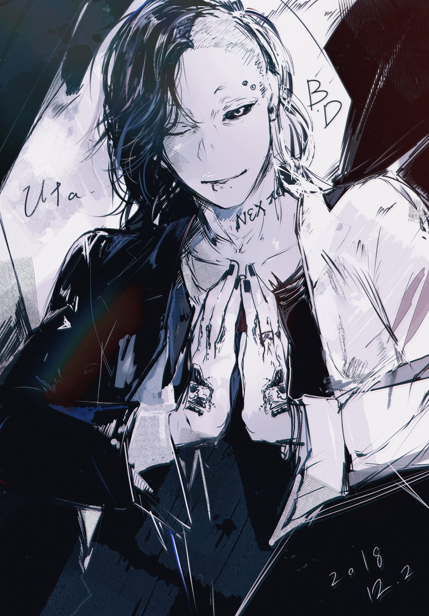 black_blouse, black_hair, black_nails, blouse, greyscale, hand_tattoo, hands_together, highres, monochrome, nail_polish, neck_tattoo, nimnim0628nim, piercing, signature, tattoo, tokyo_ghoul, uta_(tokyo_ghoul)