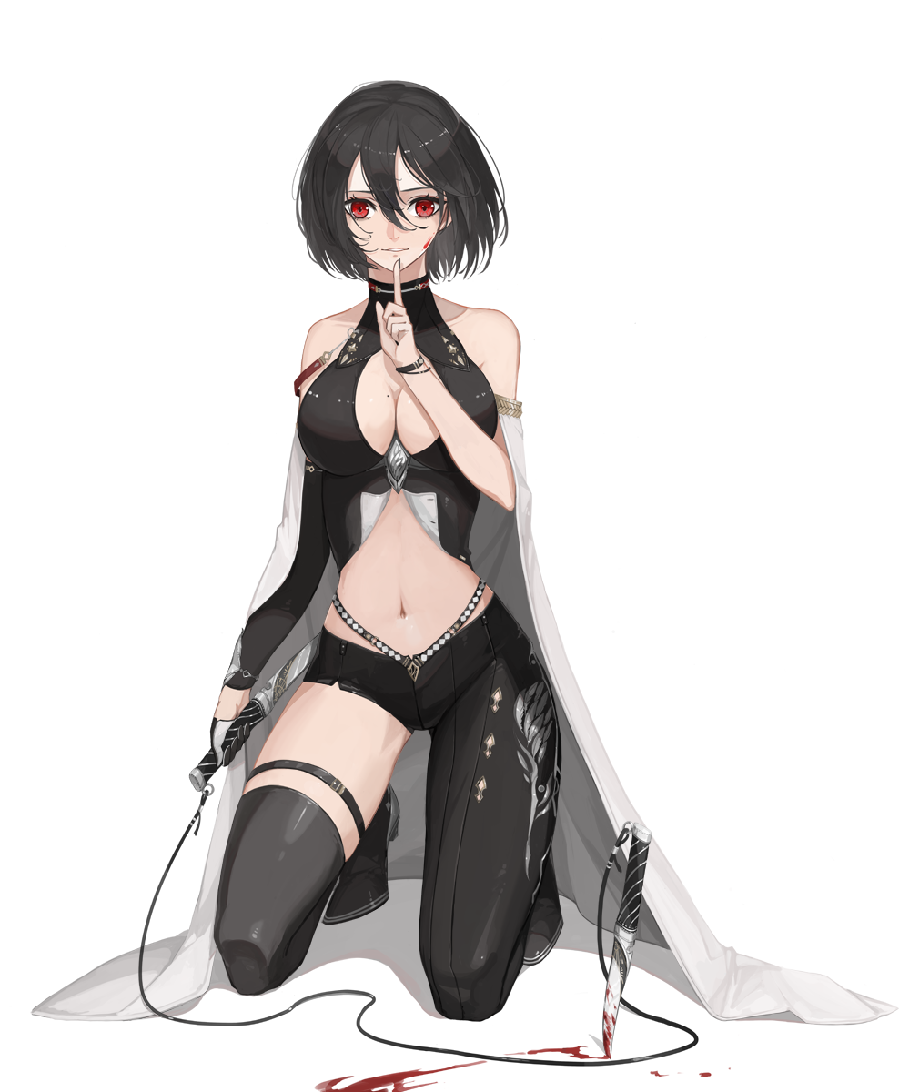 1girl, akai2930, assassin, asymmetrical_legwear, bare_shoulders, black_hair, blood, blood_on_face, bloody_weapon, breasts, cape, center_opening, dagger, detached_sleeves, finger_to_mouth, full_body, gloves, highres, index_finger_raised, kneeling, large_breasts, looking_at_viewer, midriff, navel, original, parted_lips, planted_weapon, red_eyes, shadow, short_hair, single_glove, single_sleeve, single_thighhigh, solo, thigh-highs, thigh_strap, weapon, weapon_request, white_background
