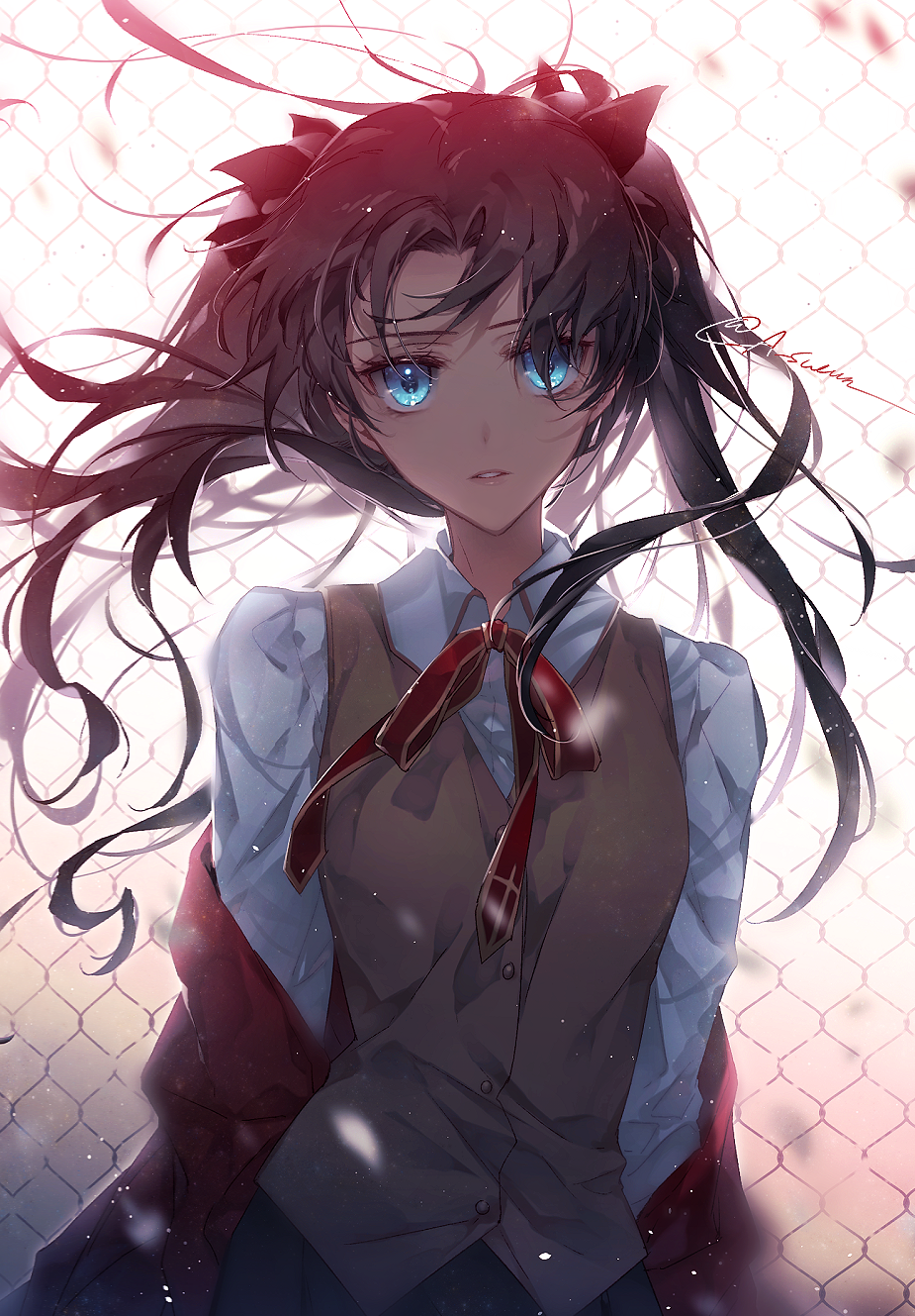1girl, bangs, black_bow, blue_eyes, bow, brown_hair, brown_vest, chain-link_fence