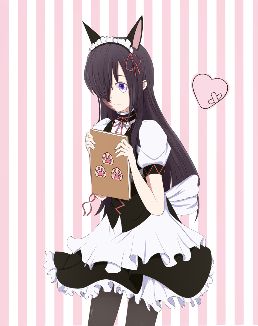 1girl, akiha_rumiho, akiha_rumiho_(cosplay), alternate_costume, black_hair, black_legwear, burn_scar, commentary, cosplay, enmaided, frills, hair_over_one_eye, heart, highres, holding, ikezawa_hanako, katawa_shoujo, long_hair, maid, maid_headdress, pantyhose, puffy_short_sleeves, puffy_sleeves, scar, short_sleeves, simple_background, solo, soveno, steins;gate, striped, striped_background, vertical-striped_background, vertical_stripes, violet_eyes