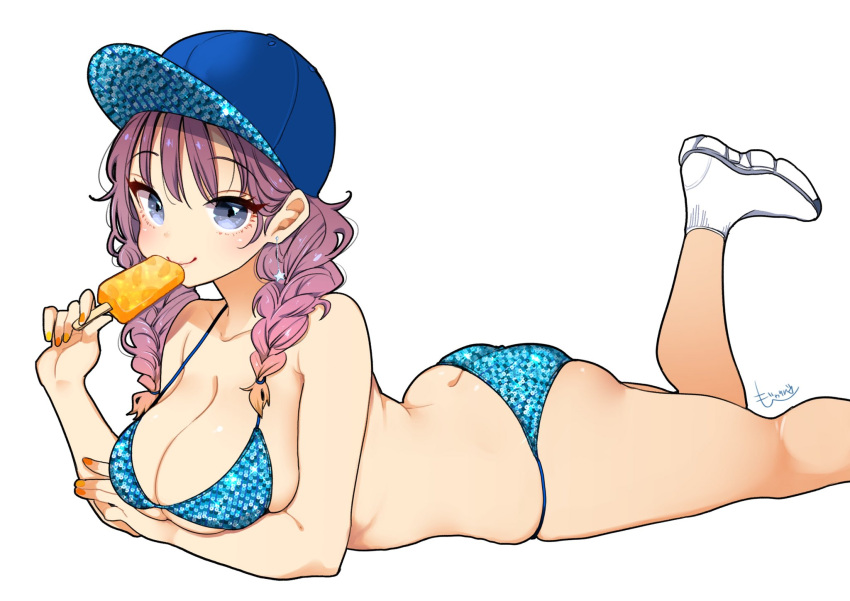 1girl, ass, back, baseball_cap, bikini, blue_bikini, braid, breasts, butt_crack, cleavage, collarbone, earrings, food, grey_eyes, hat, highres, jewelry, large_breasts, long_hair, looking_at_viewer, lying, mojarin_(kihara_mojarin), nail_polish, on_stomach, orange_nails, original, popsicle, purple_hair, simple_background, smile, socks, solo, swimsuit, twin_braids, white_background