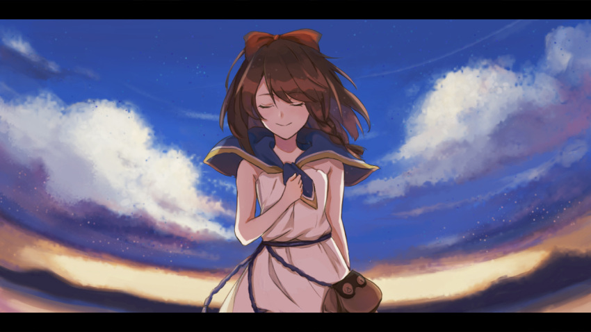 1girl, artist_request, bag, blue_capelet, blue_sky, bow, braid, brown_hair