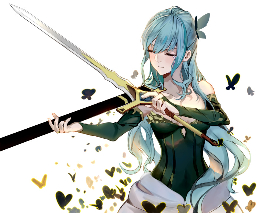 1girl, aqua_hair, bare_shoulders, blue_hair, breasts, bug, butterfly, butterfly_hair_ornament, character_request, closed_eyes, dress, green_dress, hair_ornament, highres, holding, holding_sword, holding_weapon, insect, long_hair, lost_song, sheath, small_breasts, solo, sword, tears, very_long_hair, weapon, xinhong_ditan