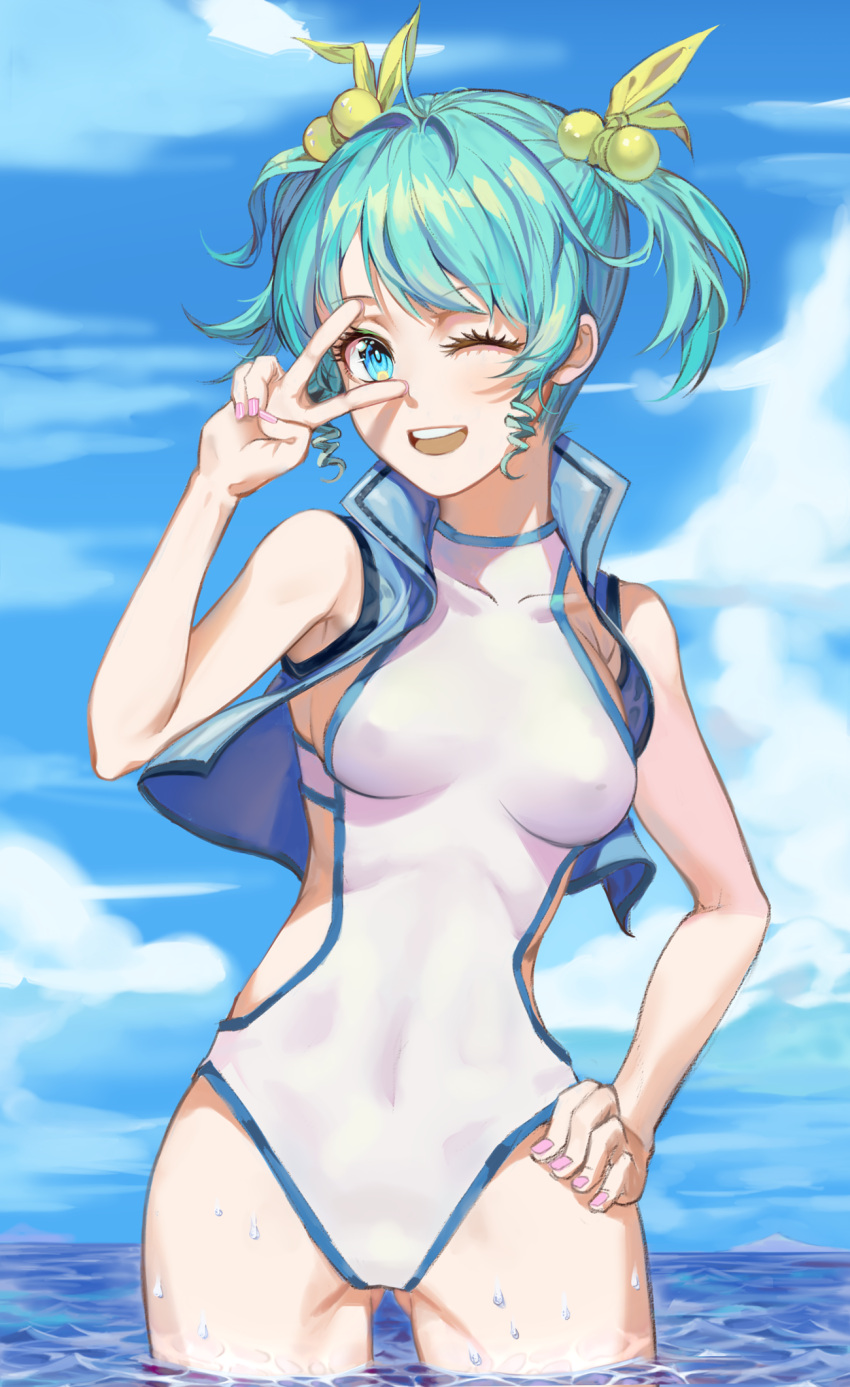 1girl, ;d, blue_hair, blue_sky, breasts, clouds, covered_navel, day, hair_bobbles, hair_ornament, hand_on_hip, hand_up, highres, medium_breasts, nail_polish, one-piece_swimsuit, one_eye_closed, open_mouth, original, pink_nails, short_hair, short_twintails, sky, smile, standing, swimsuit, twintails, v, xinhong_ditan