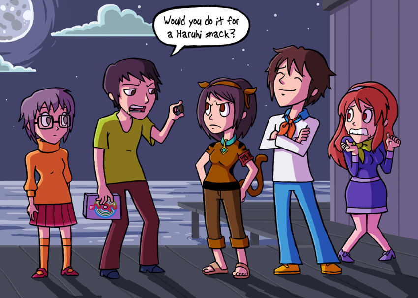 2boys, 3girls, ^_^, alternate_costume, asahina_mikuru, ascot, closed_eyes, closed_eyes