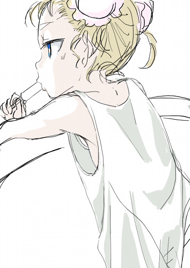 1girl, blonde_hair, blue_eyes, breasts, bun_cover, chrono_cross, commentary_request, double_bun