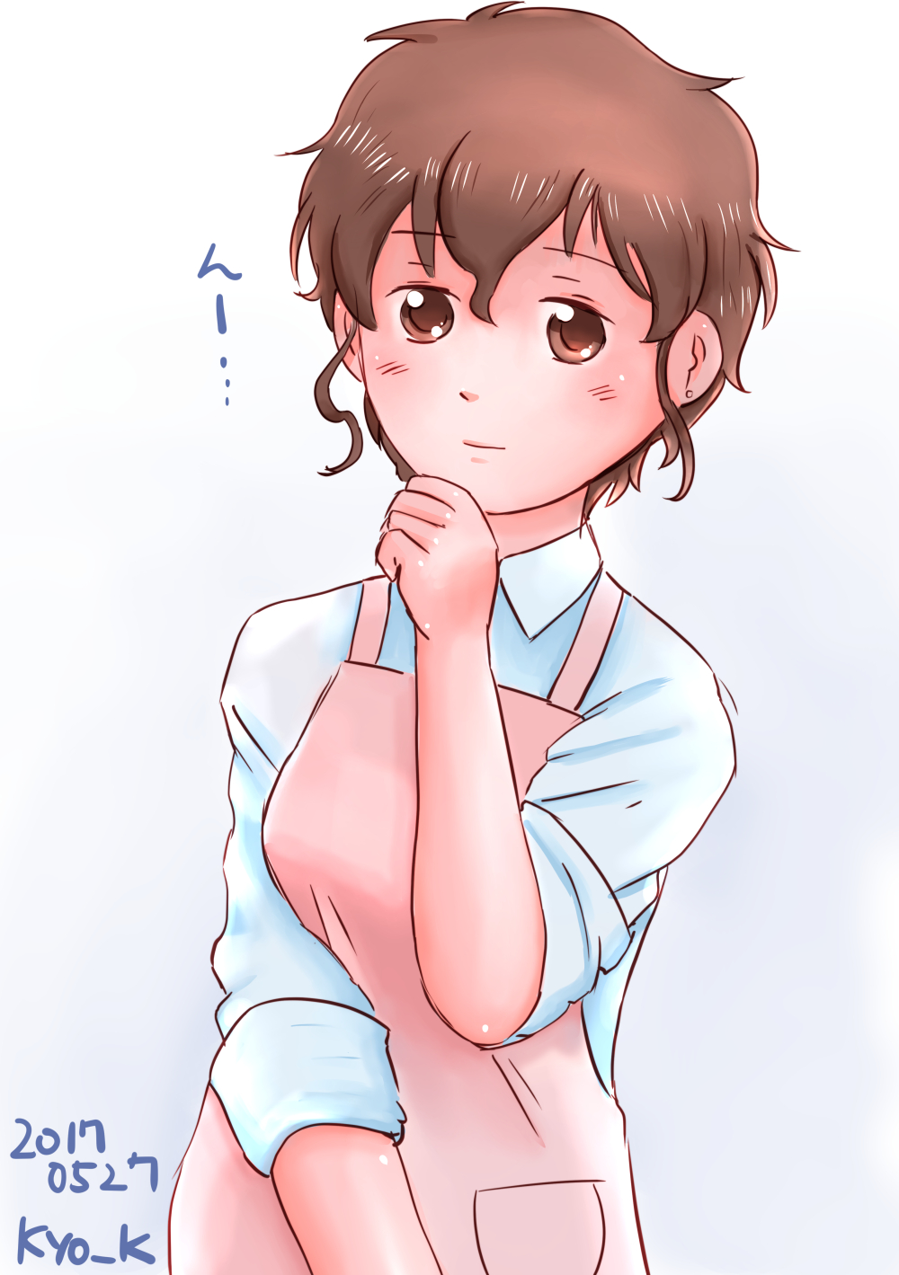1girl, apron, blush, breasts, brown_eyes, brown_hair, character_request, commentary_request