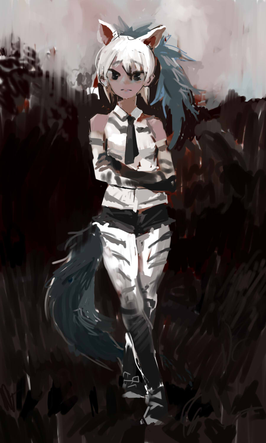 1girl, aardwolf_(kemono_friends), aardwolf_ears, aardwolf_tail, animal_ears, animal_print, bare_shoulders, black_eyes