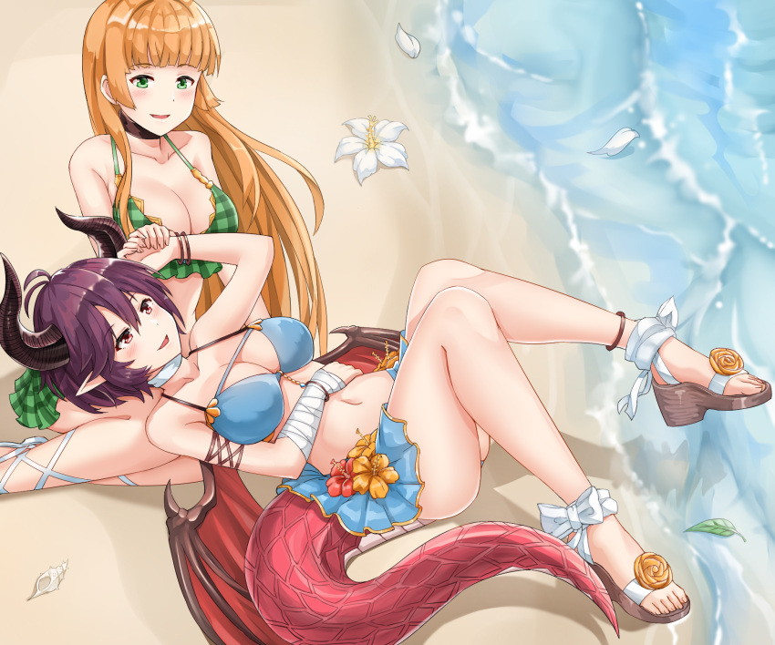 2girls, anklet, anne_(shingeki_no_bahamut), bikini, bikini_skirt, blonde_hair, blue_bikini, blush