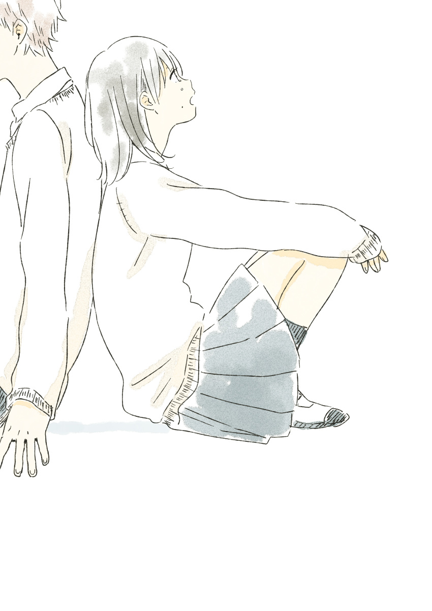 1boy, 1girl, absurdres, arm_support, back-to-back, black_hair, brown_hair, crying, crying_with_eyes_open, fingernails, from_side, height_difference, highres, itunohika, knees_up, long_sleeves, looking_away, medium_hair, open_mouth, original, pleated_skirt, profile, sad, school_uniform, shadow, shoes, simple_background, sitting, skirt, sleeves_past_wrists, socks, sweater, tareme, tears, uwabaki, white_background