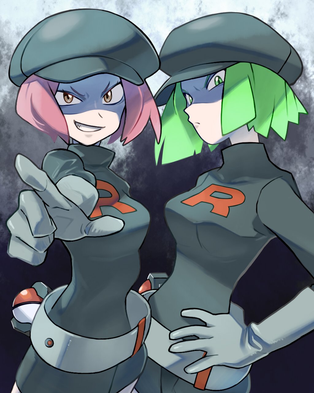 2girls, breasts, creatures_(company), donnpati, game_freak, green_eyes, green_hair, highres