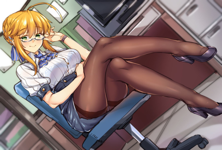 1girl, ahoge, artoria_pendragon_(all), artoria_pendragon_(lancer), bangs, black_footwear, blonde_hair, blue-framed_eyewear