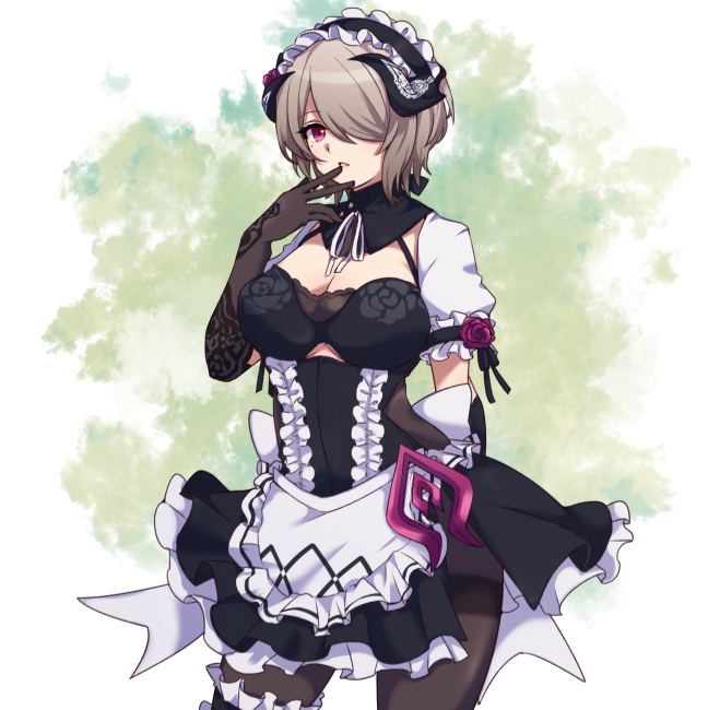 1girl, apron, black_gloves, black_legwear, breasts, cleavage, corset, cowboy_shot, dress, elbow_gloves, gloves, grey_hair, hair_over_one_eye, hand_to_own_mouth, honkai_impact, horns, maid_apron, maid_headdress, medium_breasts, mole, mole_under_eye, neck_ribbon, open_mouth, pantyhose, red_eyes, ribbon, rita_rossweisse, short_hair, soha_ez, solo, thigh_strap