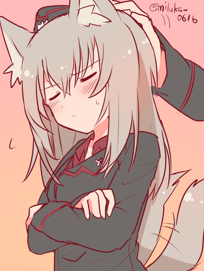 1girl, afterimage, black_hat, black_jacket, blush, closed_eyes, closed_mouth, commentary