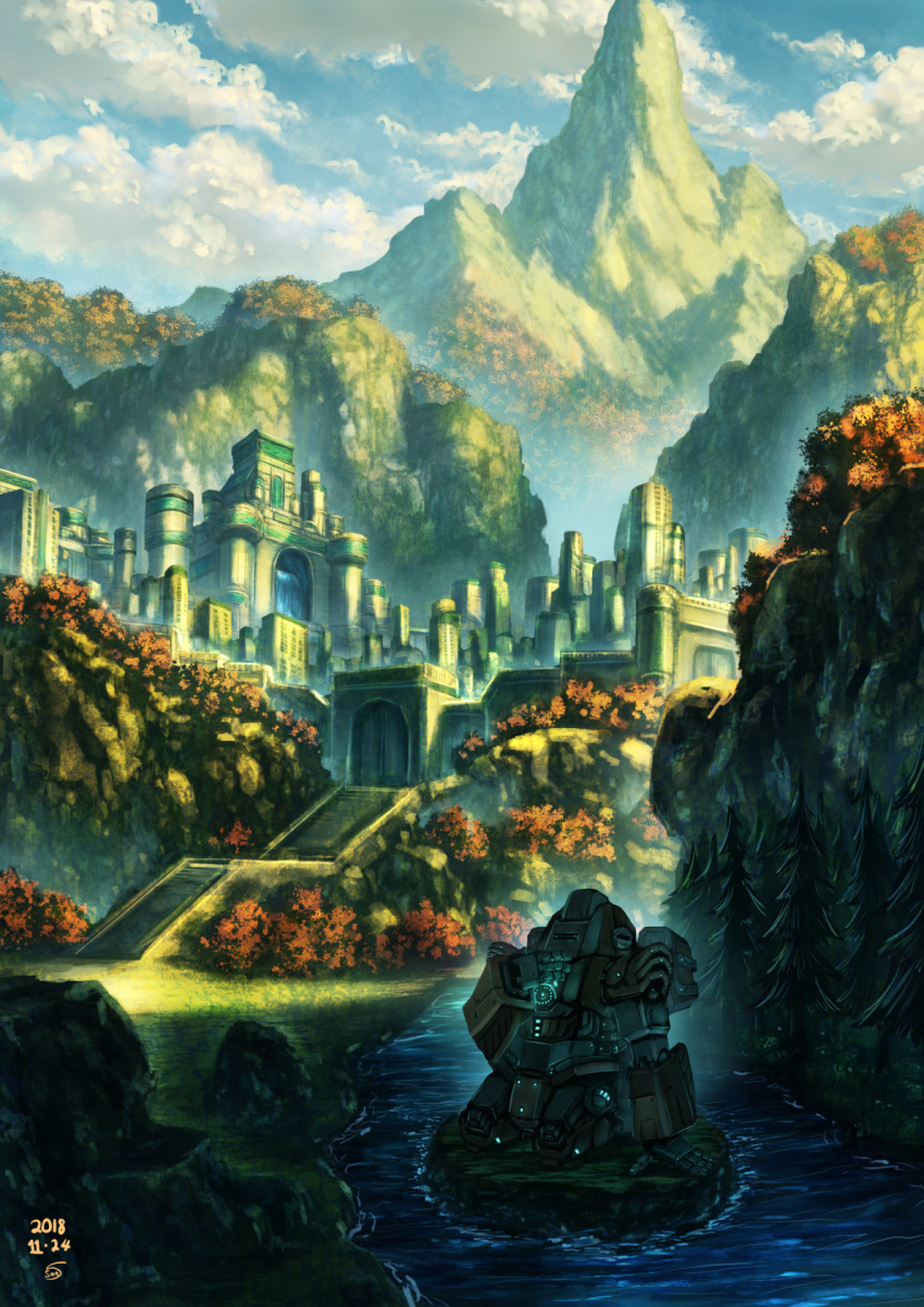 city, clouds, commentary_request, day, highres, kneeling, mecha, mountainous_horizon