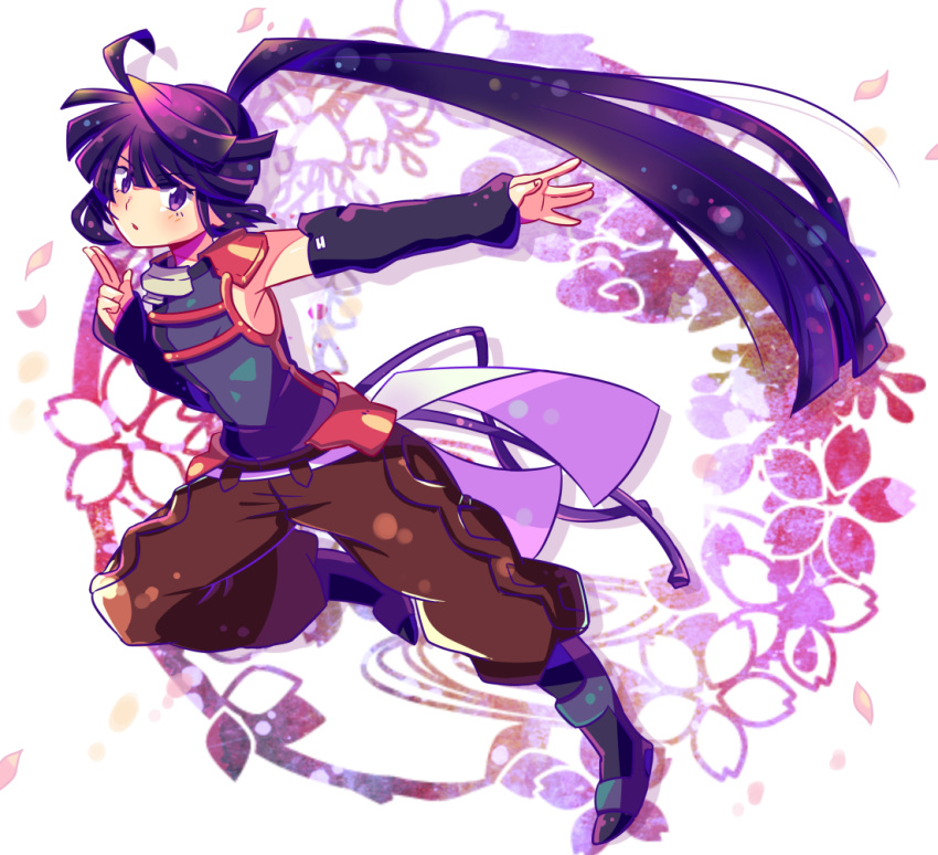 1girl, ahoge, akatsuki_(log_horizon), black_sleeves, blue_shirt, brown_pants, detached_sleeves, floating_hair, full_body, hair_between_eyes, high_ponytail, leg_up, log_horizon, long_hair, long_sleeves, pants, parted_lips, purple_hair, running, shirt, sleeveless, sleeveless_shirt, solo, spoonbill, very_long_hair, violet_eyes