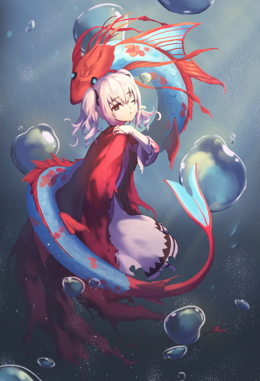 1girl, bangs, black_ribbon, brown_eyes, bubble, coat, dress, eyebrows_visible_through_hair