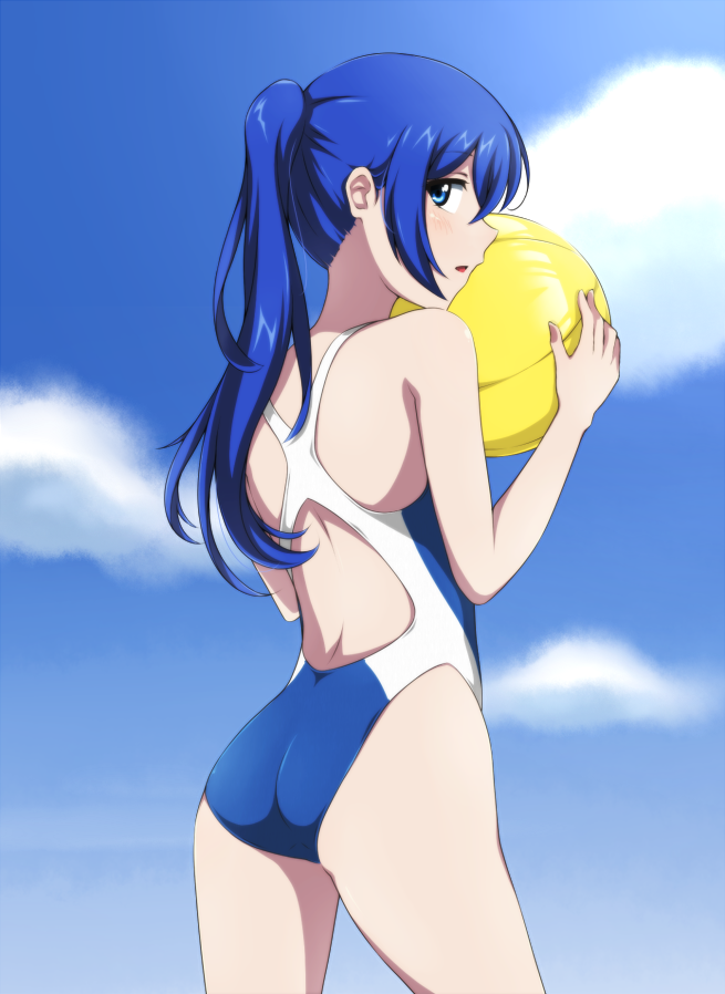 1girl, alternate_hairstyle, ass, astarte_(strike_the_blood), ball, blue_eyes, blue_hair, blue_sky