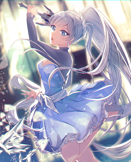 1girl, bangs, blue_dress, blue_eyes, dress, earrings, floating_hair, high_ponytail