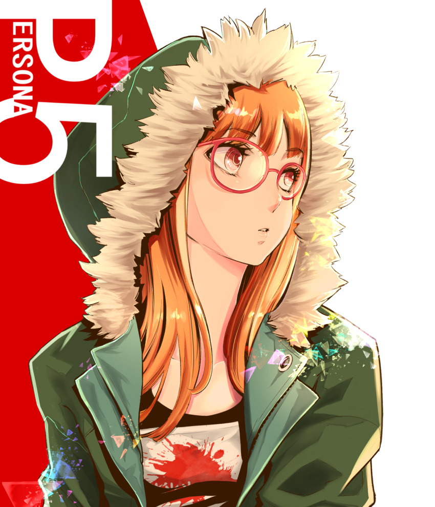 1girl, brown_hair, coat, collarbone, copyright_name, fur-trimmed_coat, fur_trim, green_coat