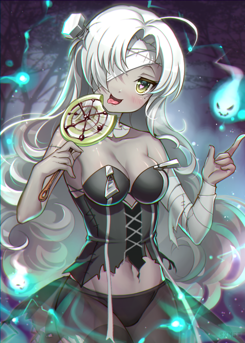 1girl, :d, ahoge, artist_name, bandage, bandage_over_one_eye, bandaged_arm, bandaged_neck, bandages, bangs, bare_shoulders, black_legwear, black_panties, black_shirt, black_skirt, blush, breasts, candy, cleavage, commentary_request, cowboy_shot, curly_hair, food, ghost, green_eyes, grey_skin, groin, hands_up, head_tilt, heart, heart-shaped_pupils, highres, hitodama, holding_lollipop, index_finger_raised, lollipop, long_hair, looking_at_viewer, magic, medium_breasts, miniskirt, mole, mole_under_eye, navel, open_mouth, original, panties, parted_bangs, see-through, shirt, skirt, sleeveless, sleeveless_shirt, smile, solo, stitches, stomach, symbol-shaped_pupils, tongue, tongue_out, torn_clothes, undead, underwear, very_long_hair, white_hair, yadamon_(neverland), zipper_pull_tab, zombie
