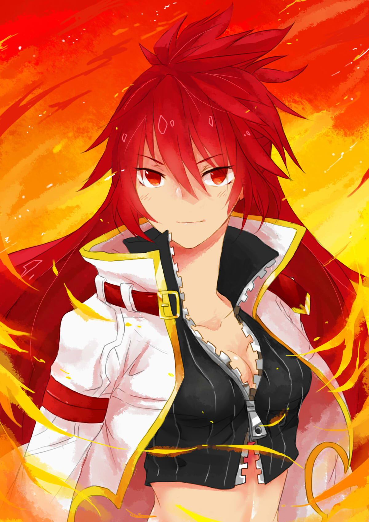 1girl, blazing_heart_(elsword), breasts, cleavage, collarbone, elesis_(elsword), elsword, eyebrows_visible_through_hair, floating_hair, hair_between_eyes, highres, jacket, kazuya_(lostnight), long_hair, looking_at_viewer, medium_breasts, midriff, navel, red_eyes, redhead, smile, solo, spiky_hair, stomach, upper_body, very_long_hair, white_jacket