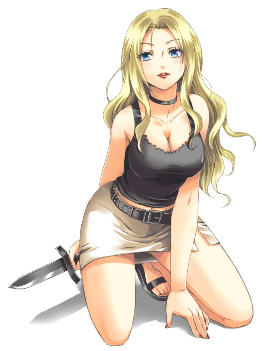 1girl, ansatsu_kyoushitsu, black_shirt, blonde_hair, blue_eyes, breasts, choker, cleavage