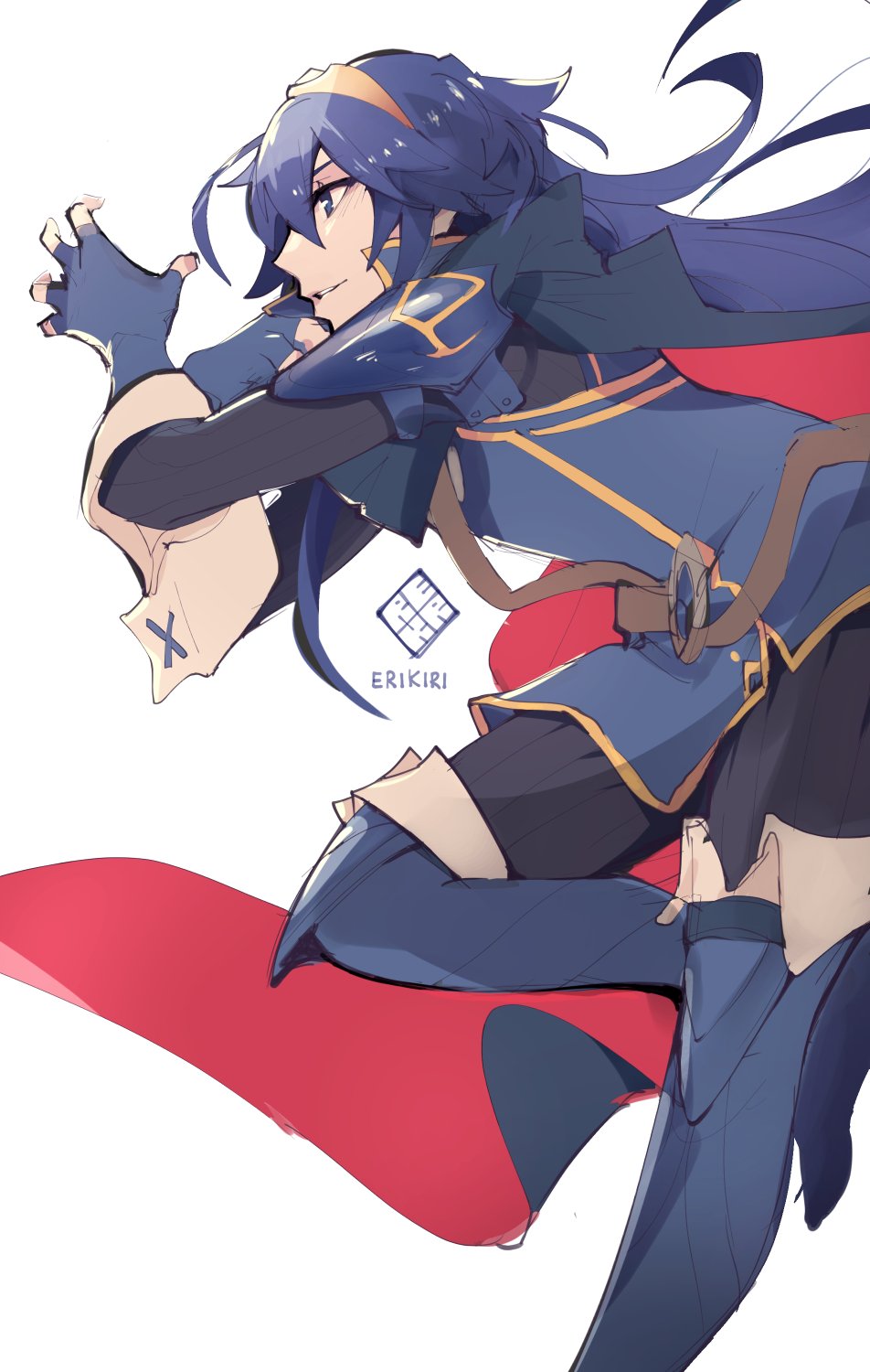 1girl, armor, blue_eyes, blue_hair, cape, eri_(erikiri), falchion_(fire_emblem), fingerless_gloves