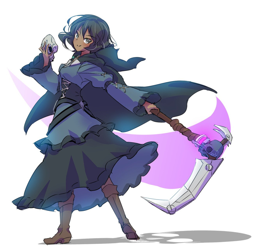 1girl, boots, corset, dark_skin, grey_eyes, highres, iesupa, jewelry, maria_calavera, mask, multicolored_hair, rwby, scythe, skull, solo, streaked_hair, younger
