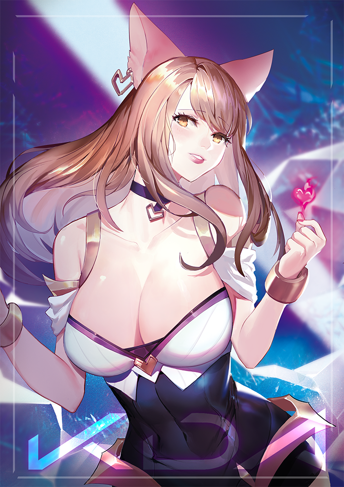 1girl, ahri, animal_ears, bare_shoulders, blonde_hair, blush, breasts, choker
