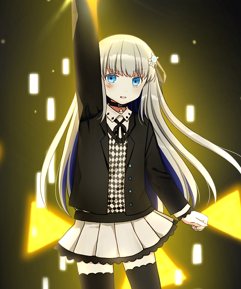 1girl, argyle, arm_up, black_jacket, black_legwear, black_ribbon, blue_eyes, blush