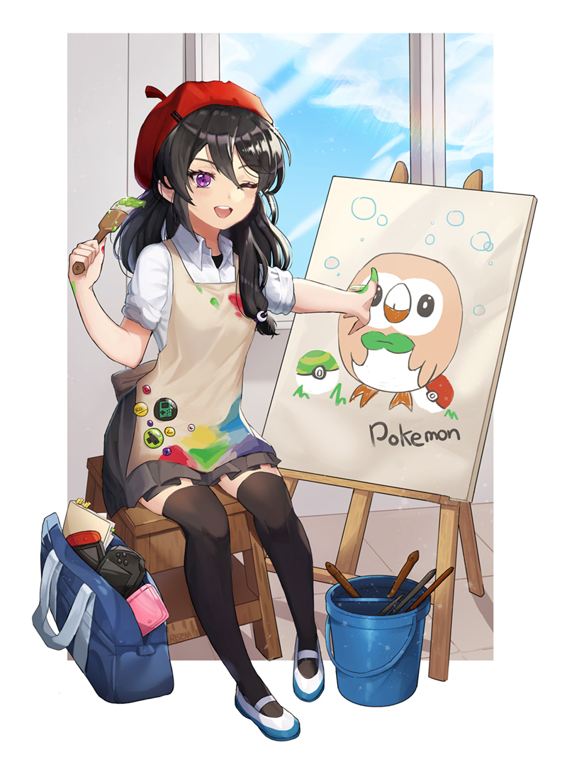 1girl, ;d, artist_name, badge, beret, black_legwear, black_skirt, blue_sky