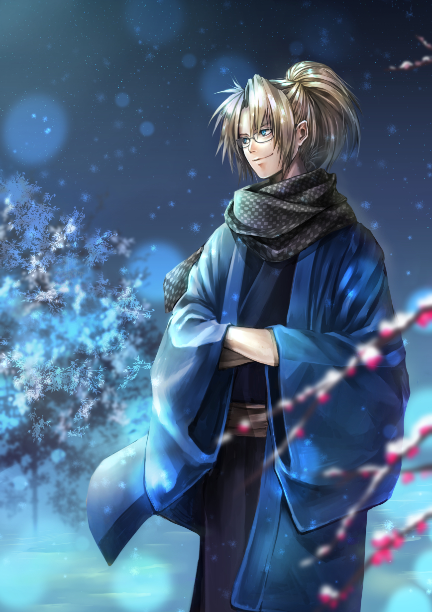 1boy, black_scarf, blonde_hair, blue_eyes, blurry_foreground, checkered, checkered_scarf, crossed_arms, high_ponytail, highres, male_focus, mizuki1196, night, night_sky, official_art, outdoors, ponytail, scarf, shikigami_no_shiro, sky, smile, snowing, standing, wide_sleeves