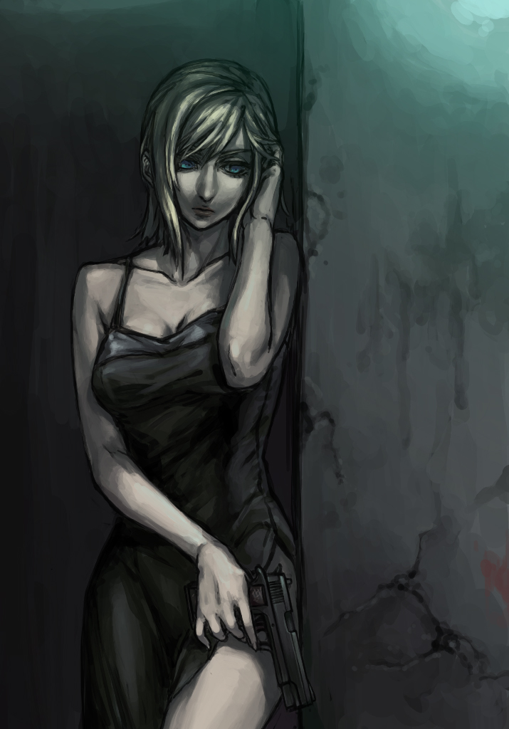 aka_gan_k, aya_brea, bare_shoulders, blonde_hair, blue_eyes, breasts, colt_m1911, dark