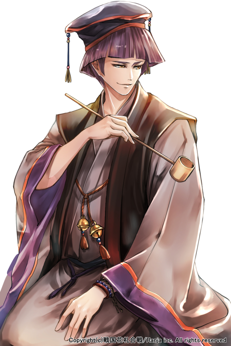 1boy, bead_bracelet, beads, bell, black_hat, bracelet, brown_eyes, hat