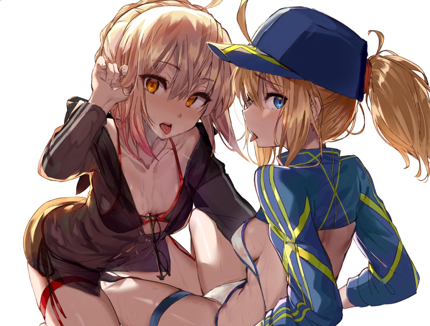 2girls, after_kiss, ahoge, akieda, all_fours, artoria_pendragon_(all), backlighting, baseball_cap