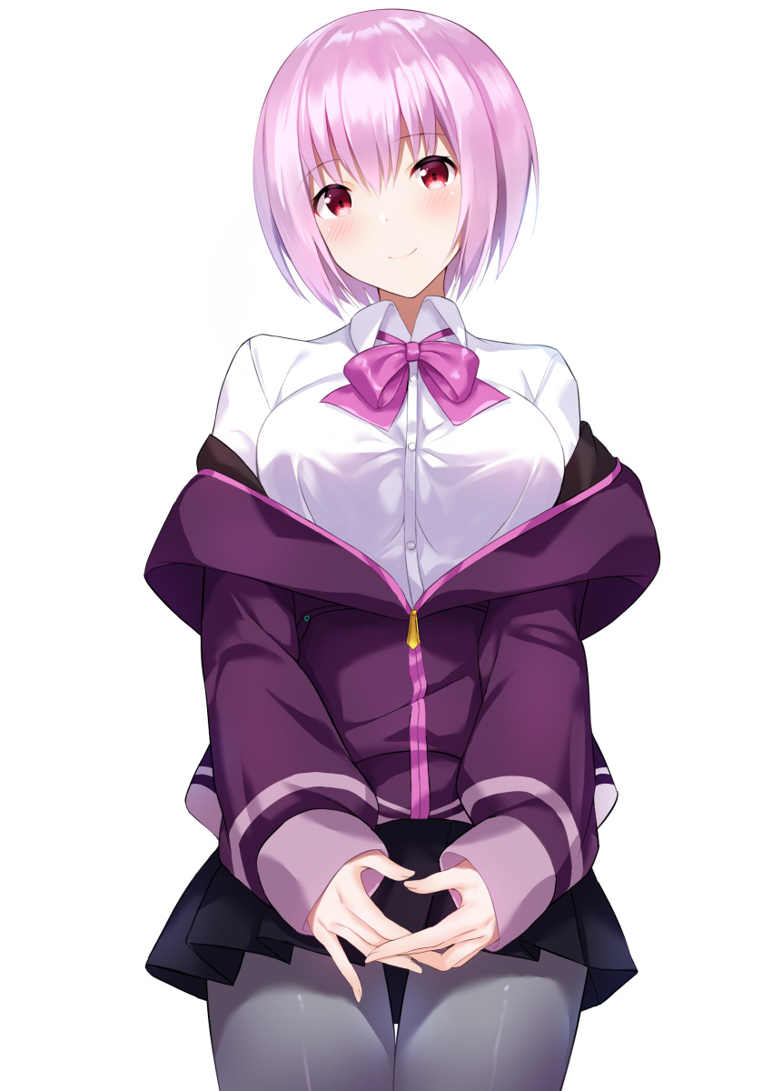 1girl, absurdres, bangs, black_skirt, blush, bow, breasts, closed_mouth