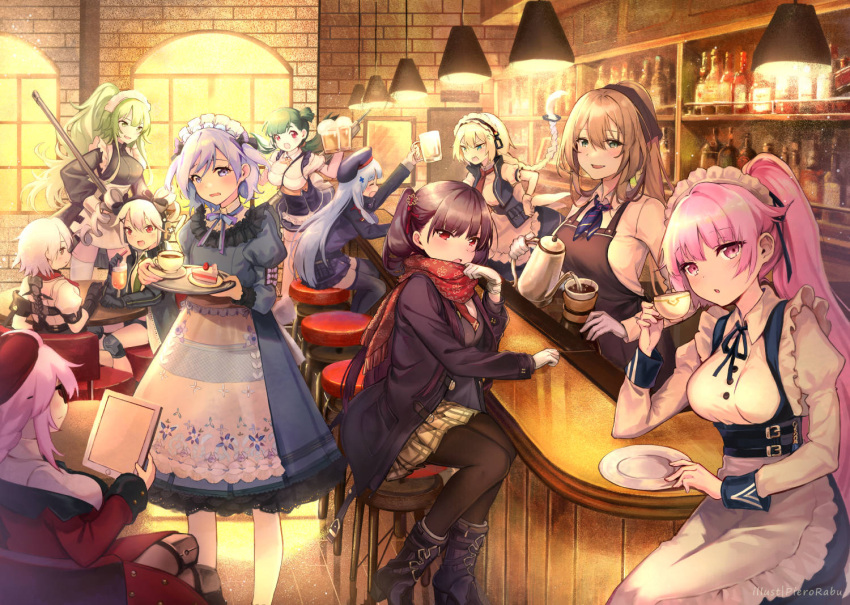 6+girls, :d, alcohol, apron, bangs, bar, beer, beer_mug