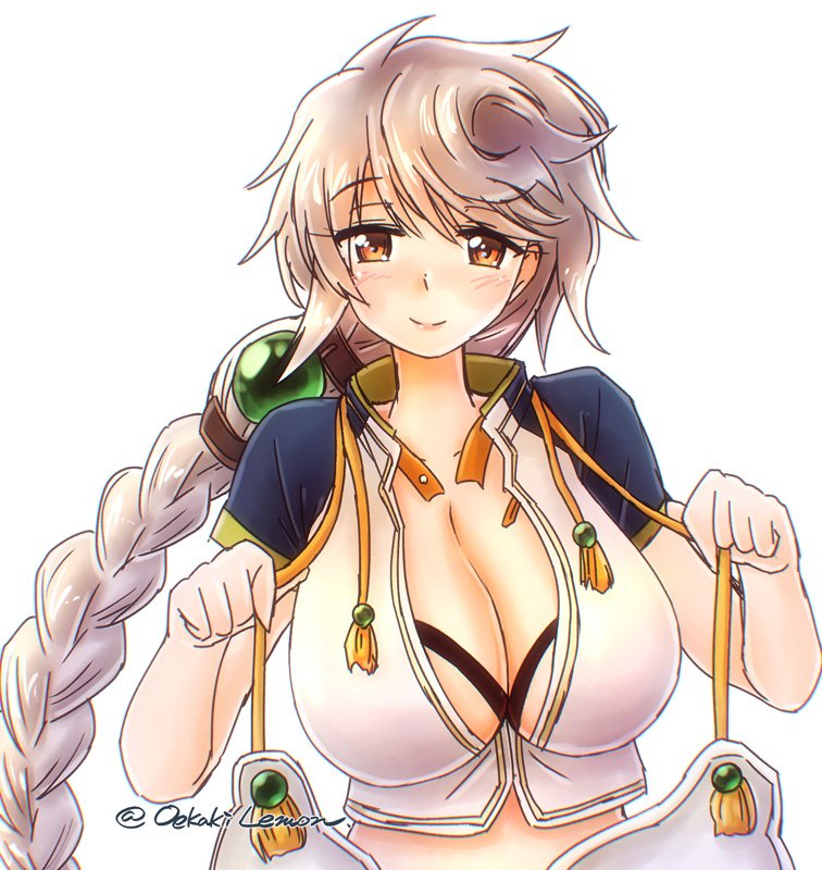 1girl, asymmetrical_hair, black_bra, bra, braid, breasts, cleavage_cutout, clothes_removed