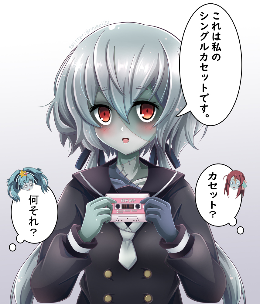 3girls, :d, artist_name, black_shirt, blue_hair, blue_skin, blush, cassette_tape