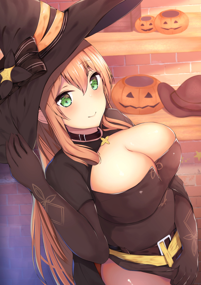 1girl, alternate_costume, bangs, belt, belt_buckle, black_dress, black_gloves, blonde_hair