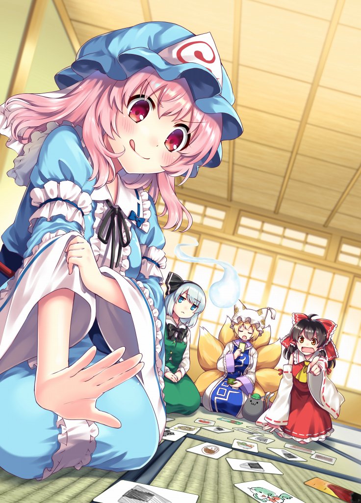>:), 4girls, ahoge, angry, ascot, black_hair, black_neckwear, black_ribbon