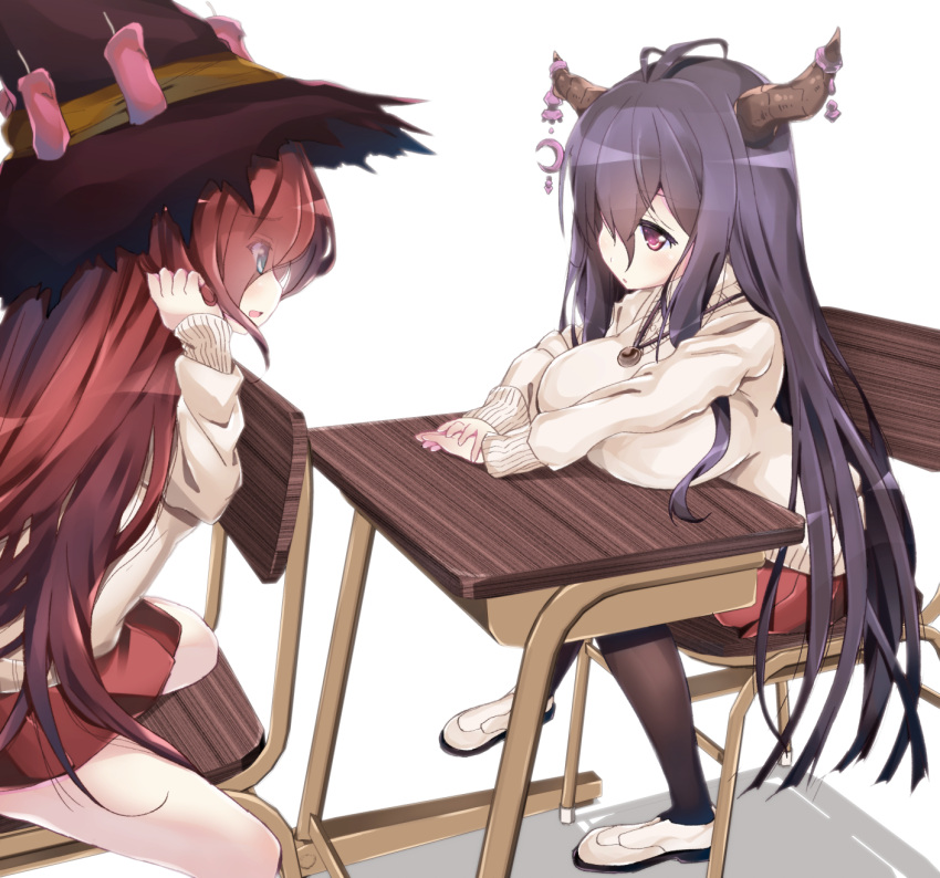 2girls, ahoge, alternate_costume, anna_(granblue_fantasy), antenna_hair, black_legwear, breast_rest, breasts