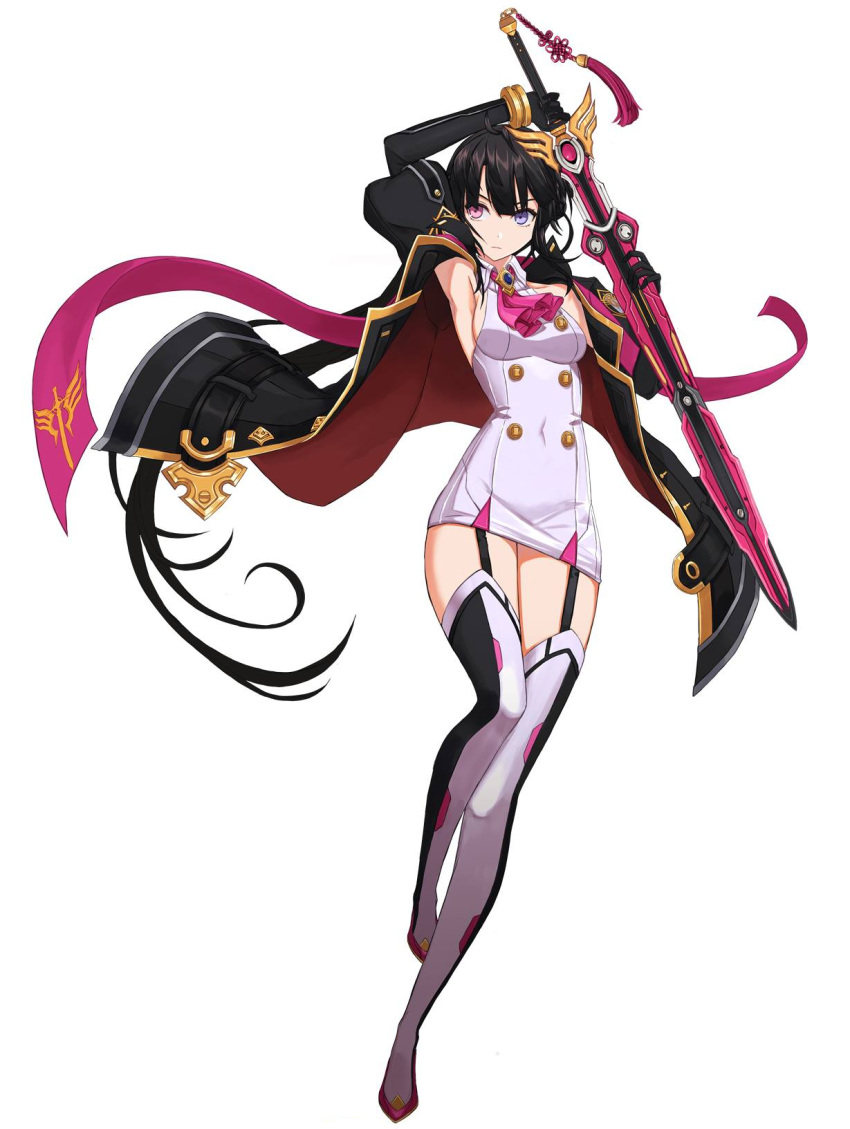 1girl, alternate_costume, armpits, arms_up, bai_winchester, bangs, black_coat, black_gloves