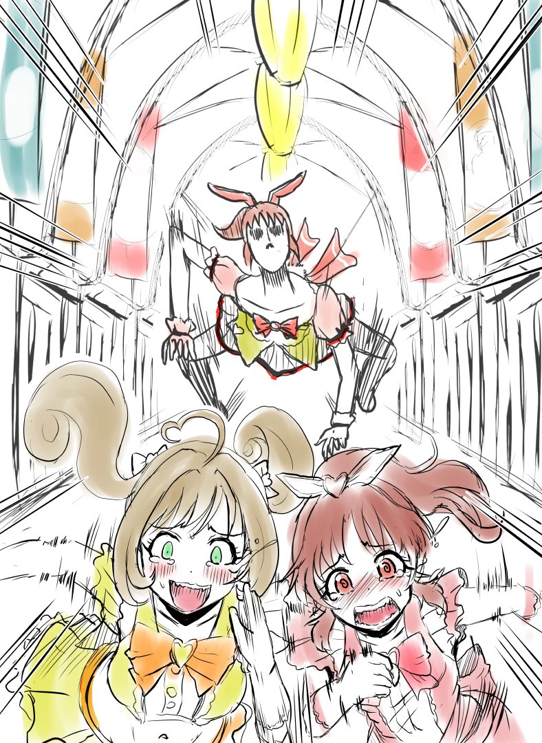 2girls, abe_nana, ahoge, apron, bow, brown_hair, crying, fleeing, gloves, green_eyes, idol, idolmaster, idolmaster_cinderella_girls, maid_apron, multiple_girls, mushoku_toumei, nana-chan, orange_bow, running, satou_shin, scared, twintails