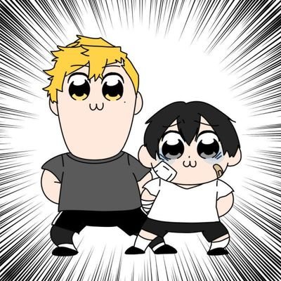 2boys, :3, bags_under_eyes, bandage, bandage_on_face, black_eyes, black_hair, blonde_hair